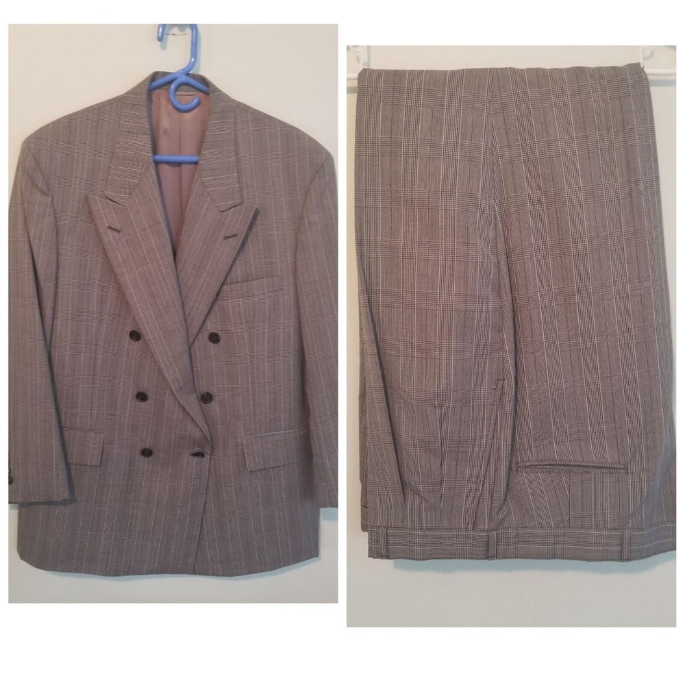 Meeting Street 44R Gray Plaid 2 Pc Suit Business Wool Double Breasted Pleated